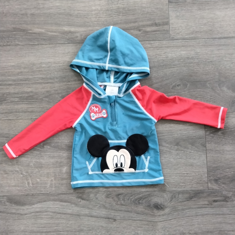 Disney Store Mickey Mouse Hooded Rash Guard Shirt Long Sleeve Sz 6-9M Red & Blue